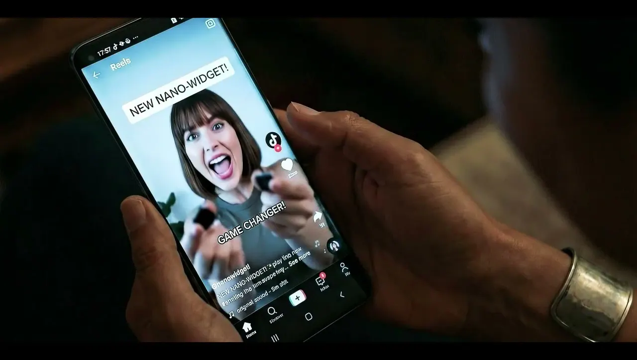 Frame from the Womenatrix film: hands holding a phone