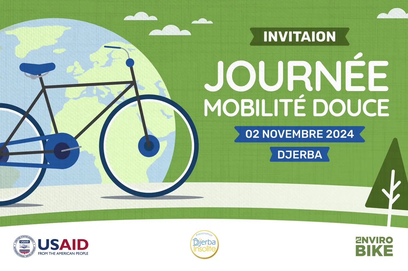Invitation to a soft mobility day with a bicycle over a globe