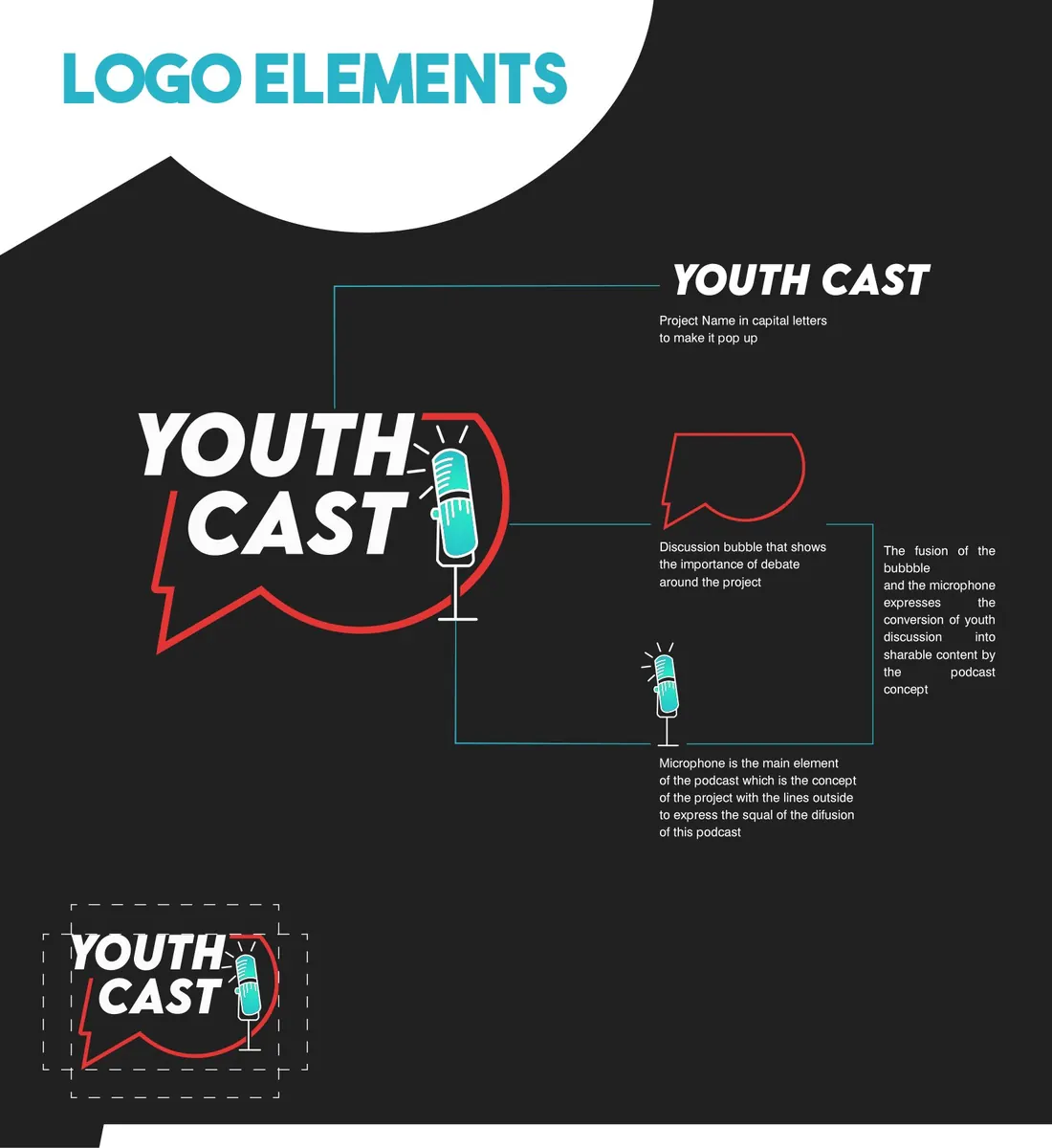 Brand book page for a youth radio podcast: logo, microphone and speech-bubble elements