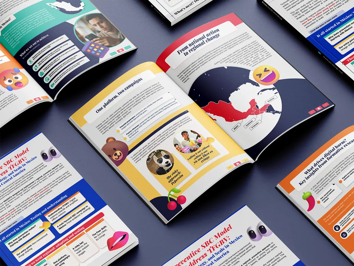 Printed case study on preventing technology-facilitated gender-based violence: colourful spreads with a regional map