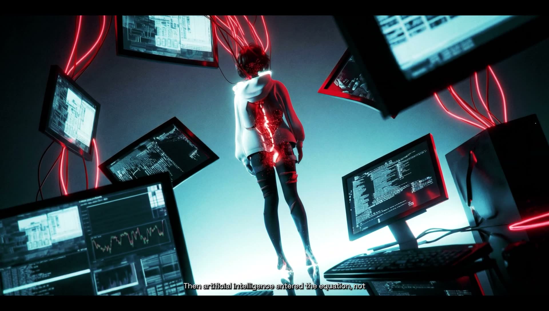 Figure surrounded by devices